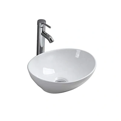Image of Countertop Wash Basin Ceramic Sink Bowl Gloss White Oval Round Vessel Washbasin Modern Design for Bathroom Cloakroom Office 410x340x150
