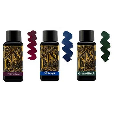 Image of Diamine Fountain Pen Ink 30ml 3 x Bottles Writers Blood &amp; Midnight Blue Green Black