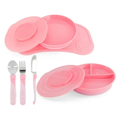 Image of Twistshake Baby Tableware Set 6 Piece 1x Silicone Placemat Kid Plate Divided 3X Stainless Steel Learn Cutlery Dinner Weaning 6+ Months Pink