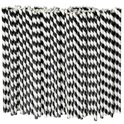 Image of Lives on Green 26 x 0.6 cm Extra Long Disposable Paper Drinking Straws Black/White Striped, Pack of 100, Biodegradable and Compostable
