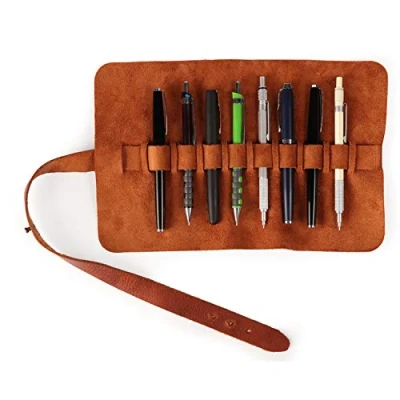 Image of Londo Genuine Leather Pen and Pencil Roll Case (Brown) OTTO393
