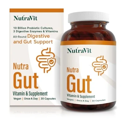 Image of NutraGut Digestive and Gut Support with 10 Billion Probiotic Cultures, 3 Enzymes: Amylase, Protease &amp; Lipase Vitamins Minerals NutraVit, 30 Capsules
