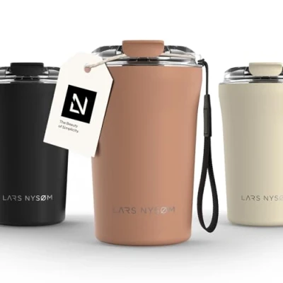 Image of LARS NYSØM Thermo Coffee Mug to Go with Strap 13oz Travel 0.38 Liter Insulation Leak Proof Stainless Steel Thermal Tumbler for and Tea (Blush Rose, 380ml)