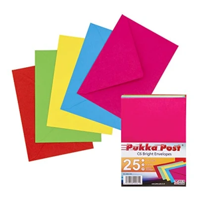 Image of Pukka Pad, Post &amp; Packaging Gummed Envelopes Pack of 25, Ready to Seal, Durable 100GSM Postal for Letters, Invitations, and Other Mail 114 x 162mm, Size C6, Brights