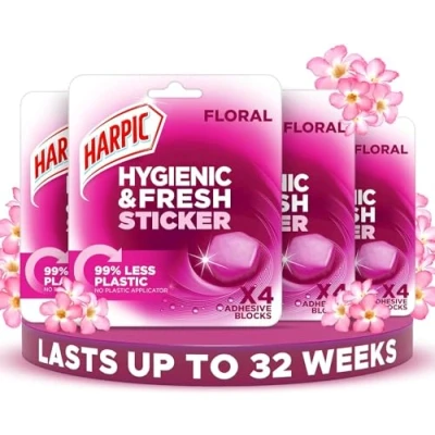 Image of Harpic Hygienic Fresh Sticker Adhesive Toilet Block, Floral, Pack 4 x Stickers, Freshener, No Plastic Applicator, Up to 32 Weeks of Freshness