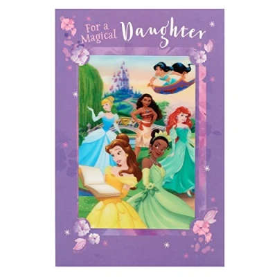 Image of Disney Princess Birthday Card For Daughter With Envelope Children&#039;s Design Cinderella, Belle, Ariel, Jasmin, Moana And Tiana