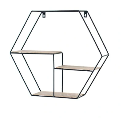 Image of Core Products, Loft Wire Hexagonal Display Wall Shelf Black Metal and Wood Effect
