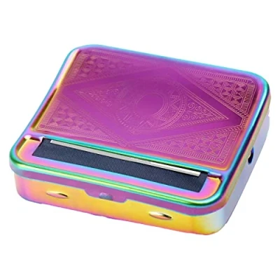 Image of KAV Automatic Cigarette Rolling Machine Baccy Portable Metal Tin Box for Tobacco, Smoking Roller and Storage Case Rainbow