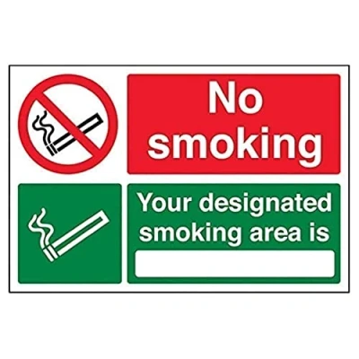 Image of V Safety No Smoking/Your Designated Smoking Area Prohibition Sign 300mm x 200mm Self Adhesive Vinyl