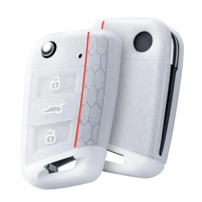 Image of OATSBASF Car Key Case for VW, Compatible with VW Golf 7 MK7，Silicone Case, Box Cover Polo, Skoda, Tiguan, 3 Buttons (G White)