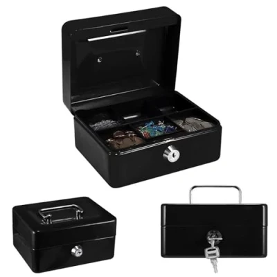 Image of Faboer Metal Cash Petty Box Money Bank Deposit Steel Tin Security Safe Key Lockable with Coin Tray for Coins Notes (Black, 12&#039;&#039;)