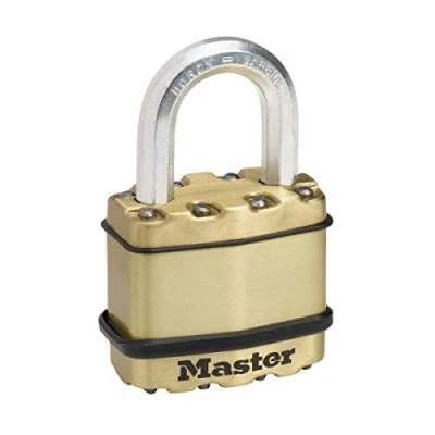 Image of MASTER LOCK Heavy Duty Padlock, Security Level 8/10, Outdoor, Keyed, Laminated Steel / Brass Finish, Weatherproof, Standard Shackle