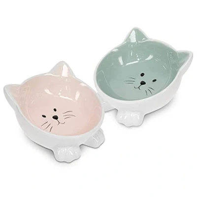 Image of Navaris 2 x Ceramic Cat Bowls Twin Pack of Feeding Dishes with Anti Slip Silicone Feet Rose and Green Shaped Food Water for Cats