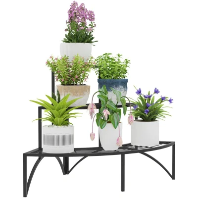 Image of Outsunny 3 Tier Corner Plant Stand, Quarter Round Metal Rack for Indoor Outdoor, Flower Pot Holder Garden Balcony Patio, Black