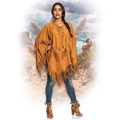 Image of Boland 44095 Indian Poncho, Brown, One Adults, Cape in Leather Look with Fringes and Beads, Chief, Cowboy, Squaw, Carnival, Halloween, Theme Party, Standard Size