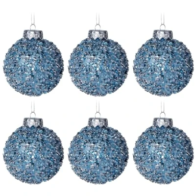 Image of Glitter Ice Blue Shimmer Beaded Christmas Tree Baubles Decorations Set of 6