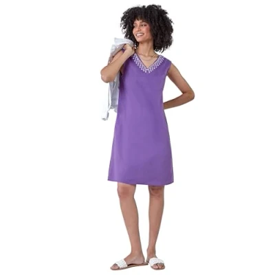 Image of Roman Originals Cotton Blend Embroidered Pocket Shift Dress for Women UK Ladies Everyday Holiday Spring Summer V Neckline Comfy Soft Evening Vacation Work Party Purple Size 18