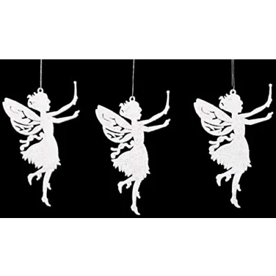 Image of Christmas Concepts® Pack Of 3 14cm White Glitter Faries Hanging Decorations Tree Ornaments Fairy