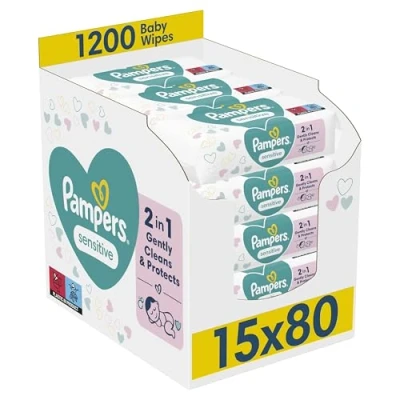 Image of Pampers Sensitive Baby Wipes 15 Packs of 80 = 1200 Wet Wipes, Unscented, For a Soft And Gentle Clean