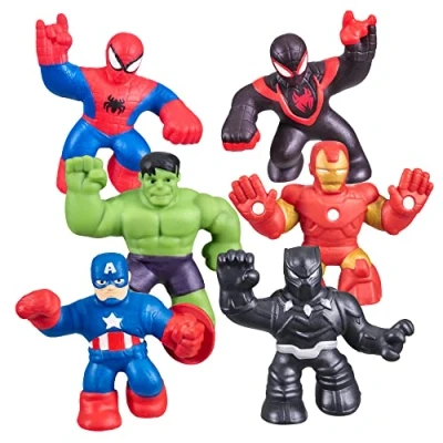 Image of Heroes of Goo Jit Zu Marvel Mega Mini 6 Pack Squishy, Stretchy, Gooey Ironman, Spider Man, Captain America, Miles Morales, Hulk and Black Panther