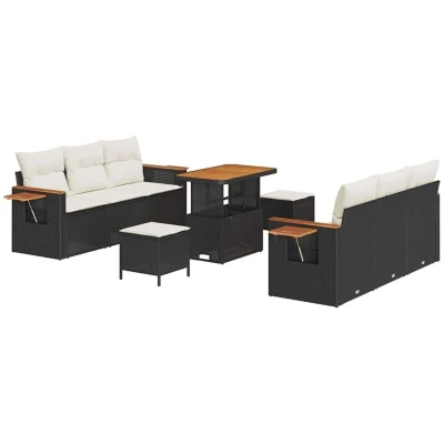 Image of vidaXL 9 Piece Garden Sofa Set with Cushions Black Poly Rattan Acacia