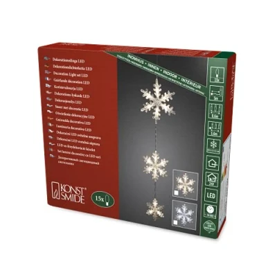 Image of Konstsmide 6116 103 LED Light Curtain, 3 Acrylic Snowflakes, 15 Warm White Diodes, 24 V Internal Transformer, Transparent Cable