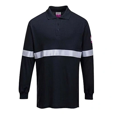 Image of Portwest Flame Resistant Anti Static Long Sleeve Polo Shirt with Reflective Tape, Size: XL, Colour: Navy, FR03NARXL