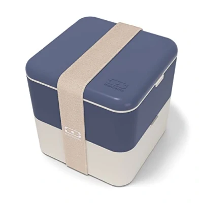 Image of monbento Large Bento Box MB Square Natural with Compartments Made in France Leakproof Lunch for Work/School and Meal Prep BPA Free Food Grade Safe Blue