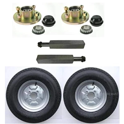 Image of leisure MART Trailer axle set 2 x taper hubs 4 inch PCD square stub axles 10 4PR wheels and tyres Pt no. LMX2323