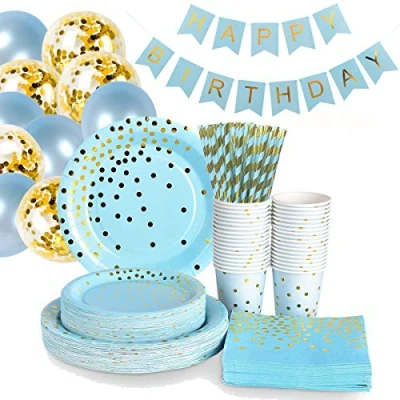 Image of Magnolia Blue Disposable Paper Tableware Party Plates, Cups, Napkins, Straws With Gold Dot Dinnerware Banner, 5 Confetti And Balloons For Birthday 25 Guests 136 Pack