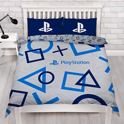Image of Character World PlayStation Blue Double Duvet Cover Officially Licensed Sony Reversible Two Sided Gaming Bedding Design with Matching Pillowcase, Polycotton, Blue, PYSBLEDD001UK2