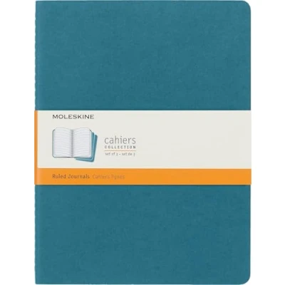 Image of Moleskine Cahier Journal, Set 3 Notebooks with Ruled Pages, Cardboard Cover Visible Cotton Stiching, Colour Brisk Blue, Extra Large 19 x 25 cm, 120 Pages