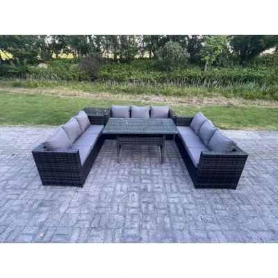 Image of Outdoor Wicker Garden Furniture Rattan Lounge Sofa Set Patio Rectangular Dining Table with Side 9 Seater Dark Grey Mixed Fimous