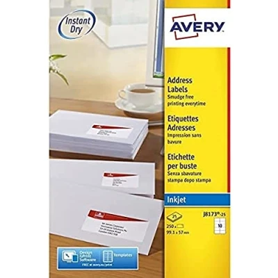 Image of Avery Self Adhesive Address Mailing labels, Inkjet Printers, 10 Labels per A4 Sheet, 250 QuickDRY (J8173), White