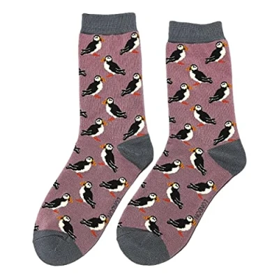 Image of Puffins on Mauve Ladies Novelty Ankle Socks Adult One Size