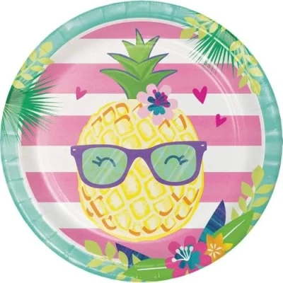 Image of Creative Party PC332420 Tropical Pineapple Paper Dinner Plates 8 Pcs, Multi Coloured