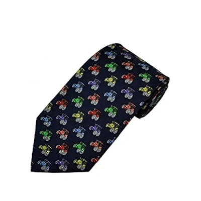 Image of Woven navy blue silk tie adorned with different colour tractors