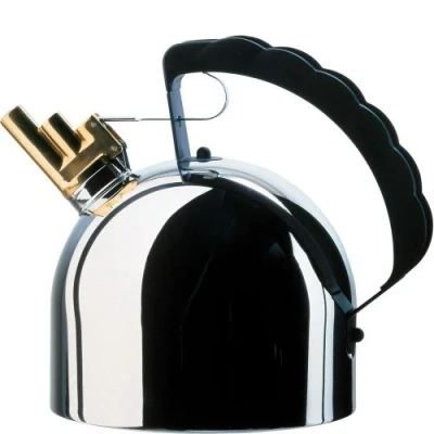 Image of Alessi 9091 FM Officina HOB Kettle with Steel Bottom, Silver, 7.5&quot; x 6.5&quot;