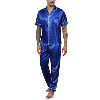Image of Reliwel Mens Pyjamas Set Silk Short Sleeve Button down Shirt and Long Pants Silky Pjs Notch Collar Loungewear Sleepwear Nightwear S Xxl Blue