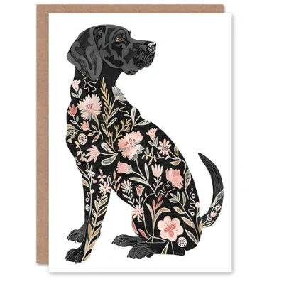 Image of Artery8 Greeting Card Dog Lover Black Labrador with Floral Pattern Fur For Her Woman Birthday