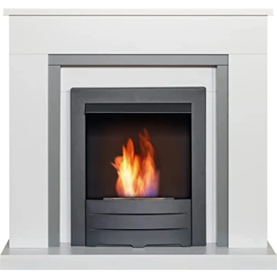 Image of Adam Milan Fireplace in Pure White &amp; Grey with Colorado Bio Ethanol Fire Black, 39 Inch