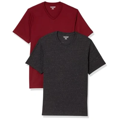 Image of Amazon Essentials Men&#039;s Short Sleeve V Neck T Shirts, Pack of 2, Charcoal Heather/Dark Red, L