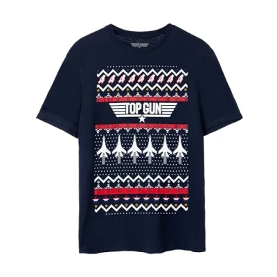 Image of Top Gun Mens Christmas T Shirt Adults Festive Fighter Pilot Action Film Blue Graphic Tee Short Sleeve Fairisle Crewneck Winter Holiday Classic Aviation Apparel for Him