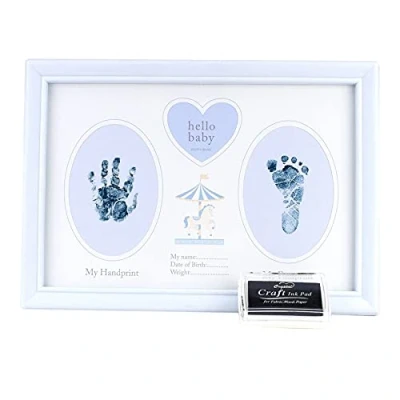 Image of Baby Hand / Footprint Photo Frame Keepsake with Ink Pad Blue Carousel