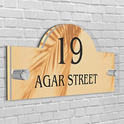 Image of Personalised House Number Plaque in Oriental shape Glass Effect Acrylic Sign Door Plate Wall Display Premium Quality 2 Part Choose Your Own Design &amp; Font (Brown Leaf)