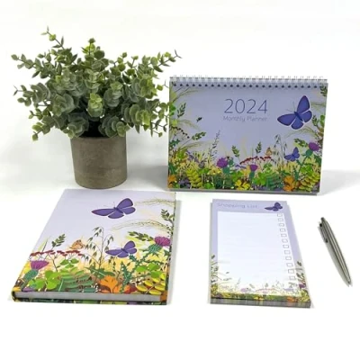 Image of Exacompta Ref GS036Z 2024 Organisation Bundle Contains an A5 Size Journal, Desk Top Calendar (Month per View) and a Shopping List Notepad in Butterfly &amp; Flower Design