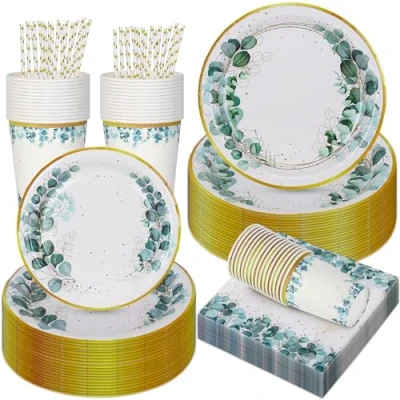 Image of Sage Green Paper Tableware Set, CEILIWEN 125PCS Plates and Gold Eucalyptus Leaf Party Dinnerware Set Include 9&#039;&#039; Dinner Plates, 7&#039;&#039; Side Cups, Straws, Napkins