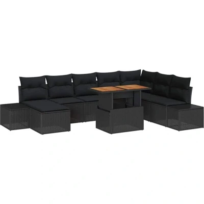 Image of vidaXL 9 Piece Garden Dining Set with Cushions Black Poly Rattan Acacia