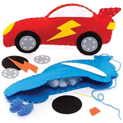 Image of Baker Ross FE614 Racing Car Cushion Sewing Kits Pack of 2, Set for Children, Creative Activities Kids, Ideal Arts and Crafts Project