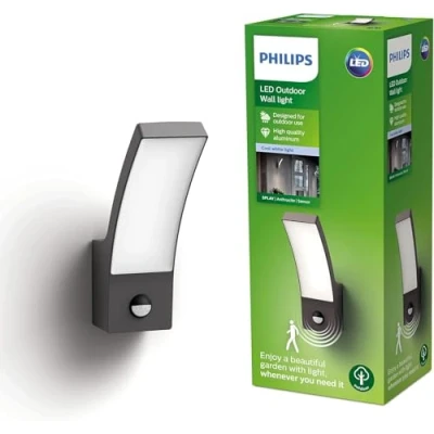 Image of PHILIPS LED Splay Outdoor Wall Light with Motion Sensor [Cool White Anthracite Grey] Water Resistant IP44, for Garden, Patio and Terrace Lighting.